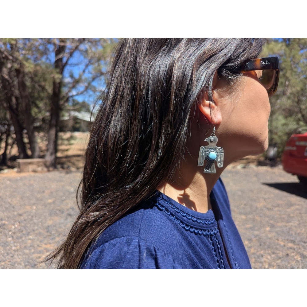 Navajo Thunderbird Golden Hills Turquoise Earrings Handmade NA Sterling Jewelry* - Picture 4 of 11